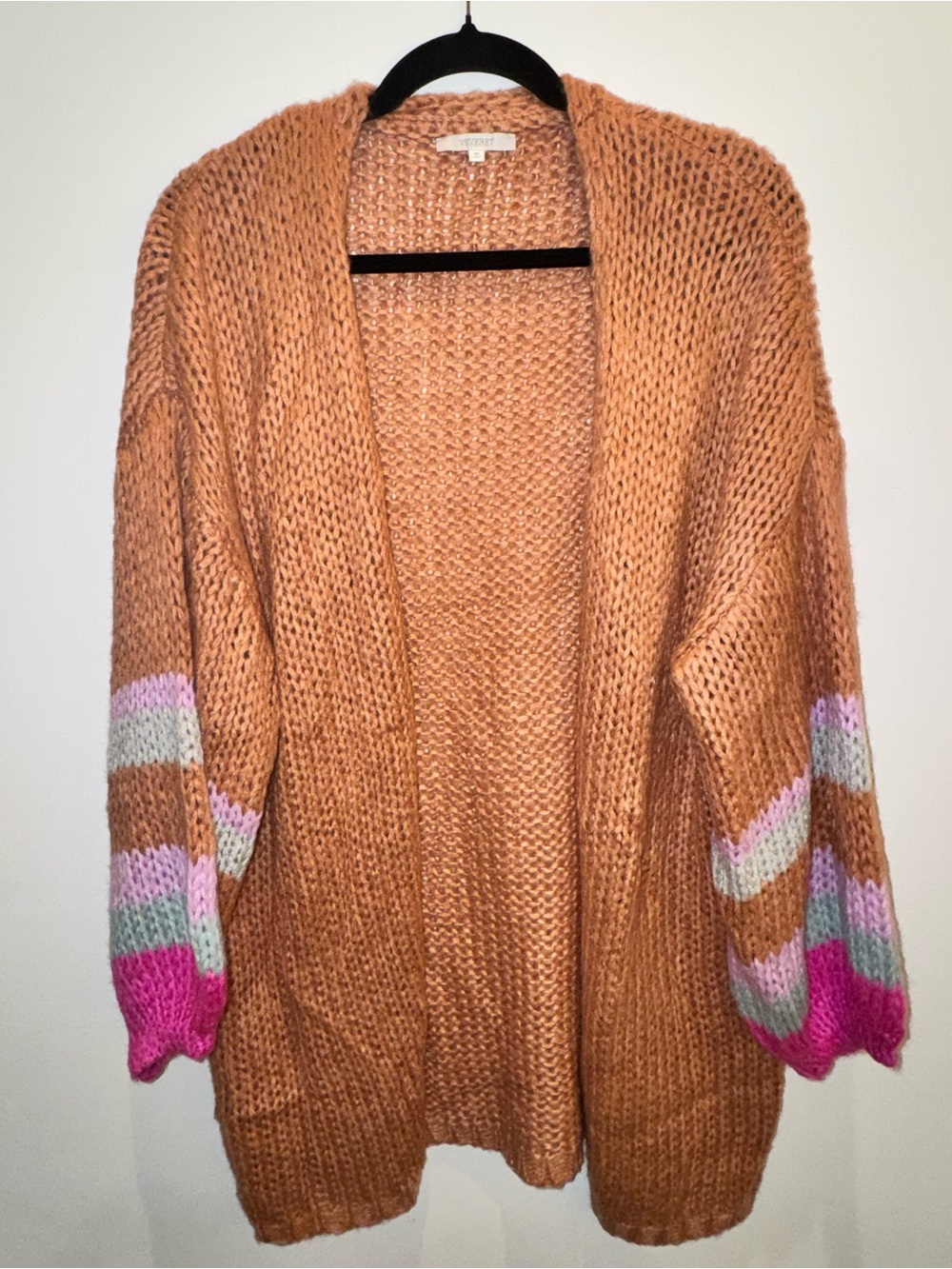 Open-Front Rust Cardigan with Pink Stripe Sleeve Accents - Picture 2 of 9